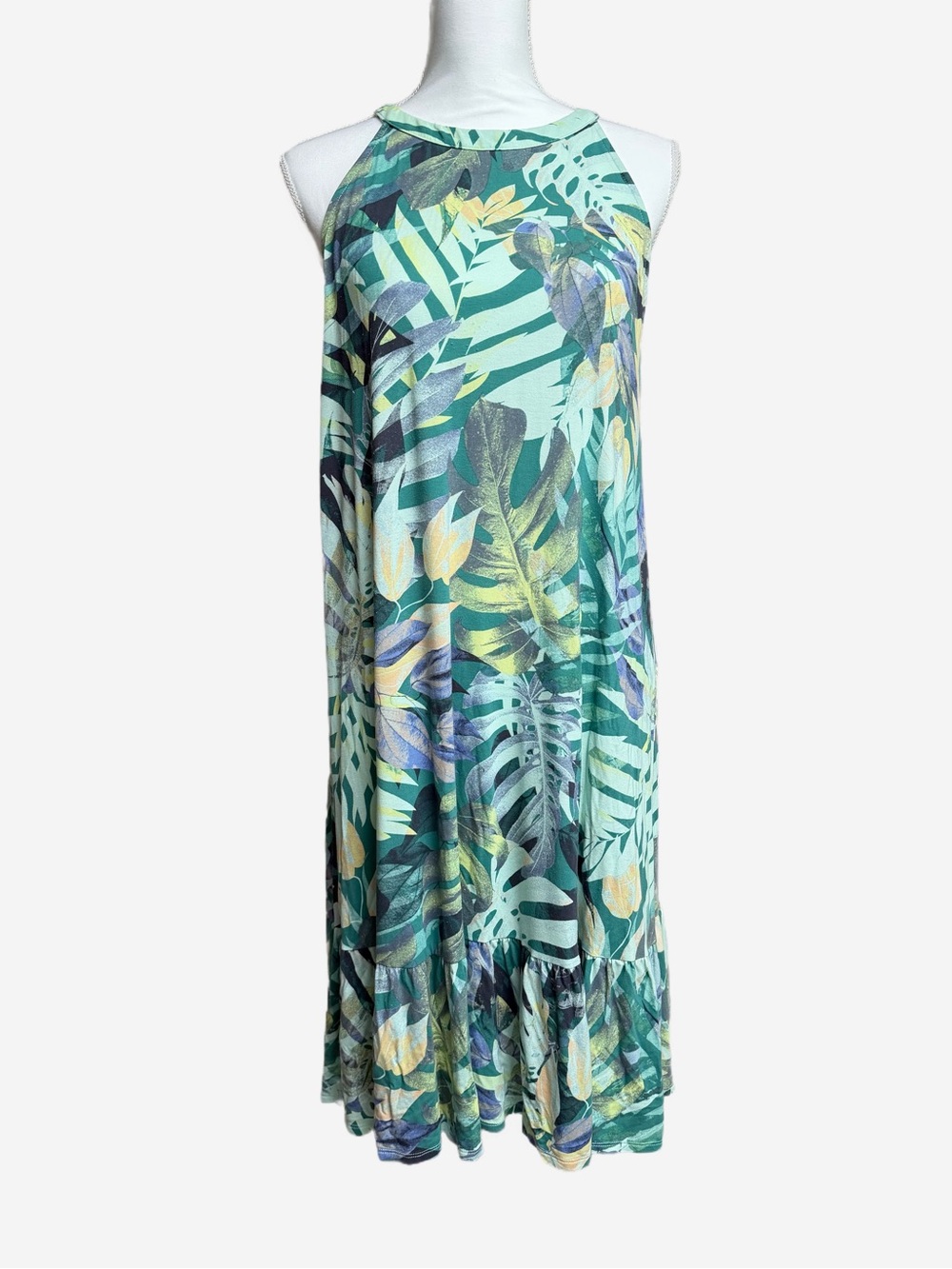 Time and Tru Tropical Leaf Midi Dress in Teal and Green- XL